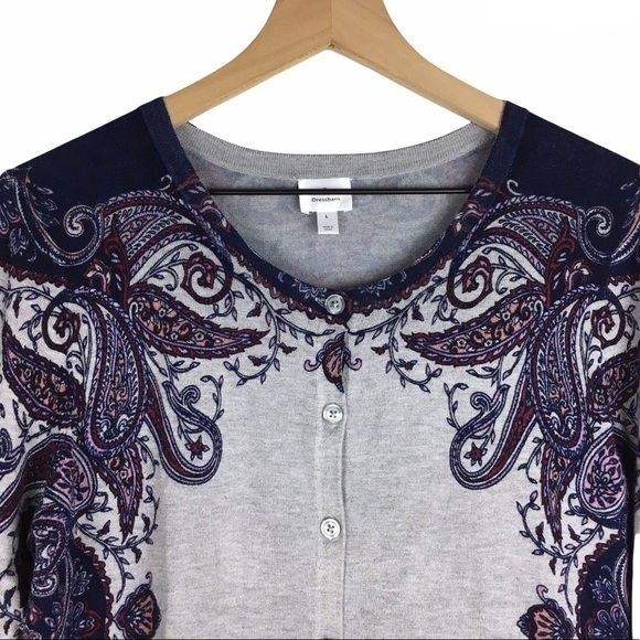 DRESS BARN Cardigan Sweater Paisley Floral 3/4 Sleeves Grey Purple Size Large - Picture 2 of 11